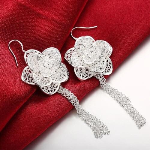 Classic 925 Sterling Silver long Earrings for Women Jewelry fashion tassel Flowers drop earrings lady Valentines Day Gifts