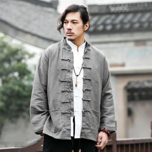 Tang Suit for Men Chinese Traditional Jacket Autumn Casual Linen Full Sleeve Shirt Tops Pure Color Hanfu Kungfu Uniform Outfits