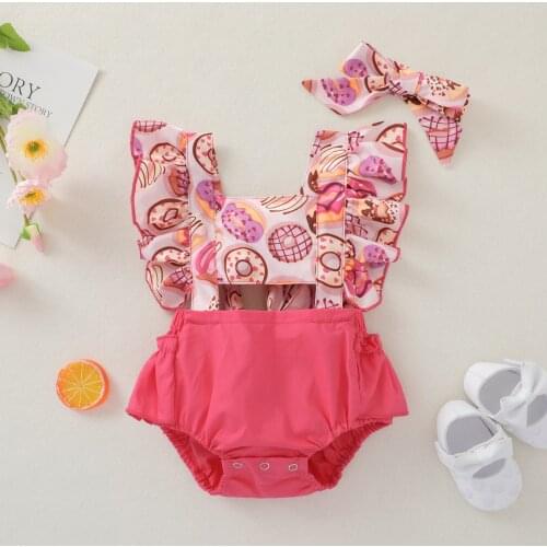 Summer Baby Girls Sweet 2Pcs Bodysuit Ruffle Sleeve Doughnut Print Backless Romper with Headband Set