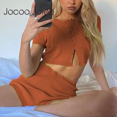 Summer 2 Piece Sets Women Button Short Sleeve Crop Top and Shorts Suits Casual Solid Tracksuit Outfits Elastics Waist Shorts