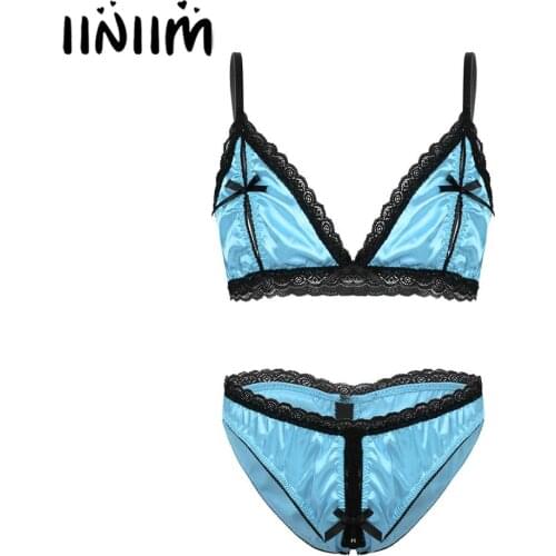 Mens Exotic Nightwear Satin Lace Sexy Hot Party Lingerie Set Open Nipple Splits Bra Top with Crotchless Sissy Briefs Underwear