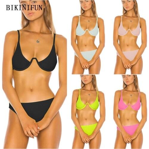 2020 New Sexy V-Splice Swimsuit Women Solid Color Bathing Suit Triangle Bralette Swimwear S-L Girl Backless Beachwear Bikini Set