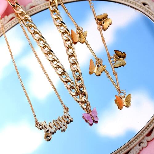 Boho Fashion Multilayer Angel Letter Pendant Necklace for Women Gold Silver Color Acrylic Butterfly Choker Necklace Jewelry Gift