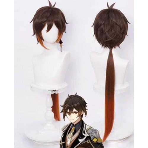 Genshin Impact Zhongli Cosplay 90cm Long Christmas Brown Orange Wig Cosplay Anime Wigs Heat Resistant Synthetic Wigs Halloween
