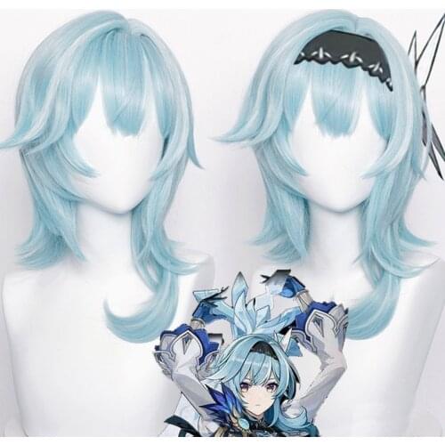 Eula Wig Genshin Impact Cosplay Costume Accessories Halloween Heat Resistant Synthetic 48cm Short Blue Wig
