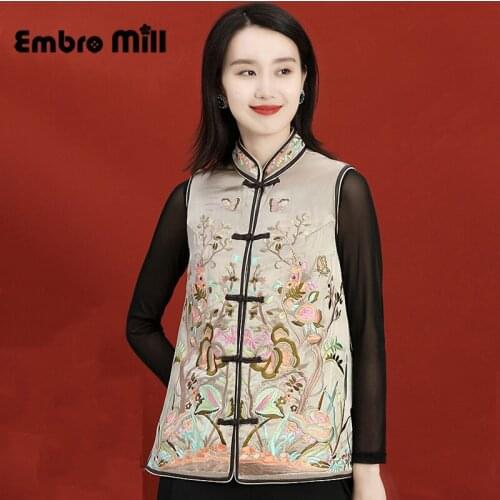Autumn And Winter New Retro Stand Collar Acetate Embroidery Chinese Style Vest Add Down Cotton Lady Short Jacket Plus Size M-3XL