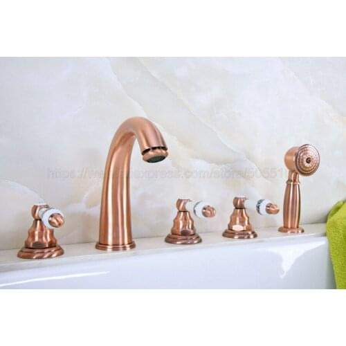 Widespread Antique Red Copper Bathroom Tub Faucet 3 handle 5 hole Deck Mounted Hand Shower Sprayer ztf234