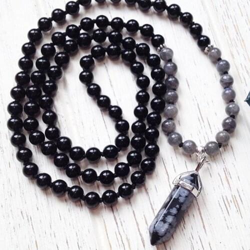 Snowflake Obsidian Pendant Necklaces For Men Gray A-gate & Black Onyx 108 Mala Beads Knotted Necklace Mens Meditation Necklace