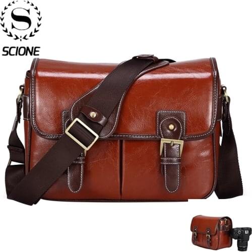 Scione Camera Bag PU Leather Waterproof Inner Tank DSLR Camera Messenger Bag Vintage Retro Shoulder Side Bags