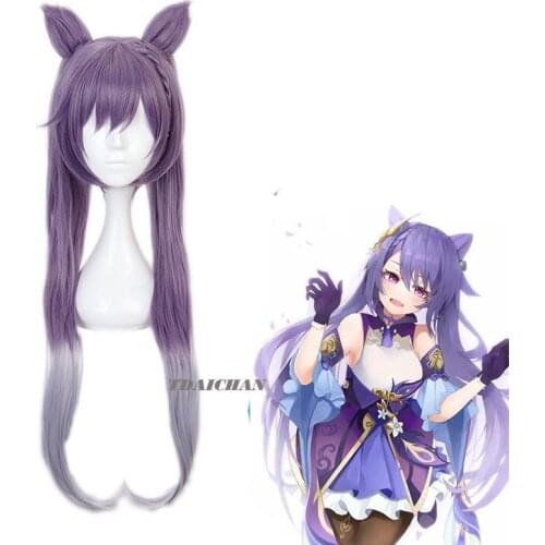 Genshin Impact Wig Keqing Cosplay Purple Long Curly Ponytails Ears Horns Pigtails Heat Resistant Women Halloween Free Wig Cap