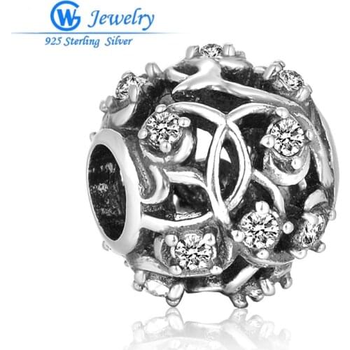 Flowers Paved Charms Wiht Crystal Beads 925 Sterling Silver Classic Retro Threa Charm Fit European Bracelets Bangles Diy X042H20
