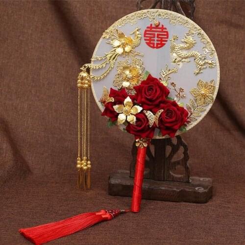 Traditional Chinese Style Vintage Fan Handmade Flowers Beads Alloy Circular Jewelry Unique Wedding Dress Bridal Bouquet