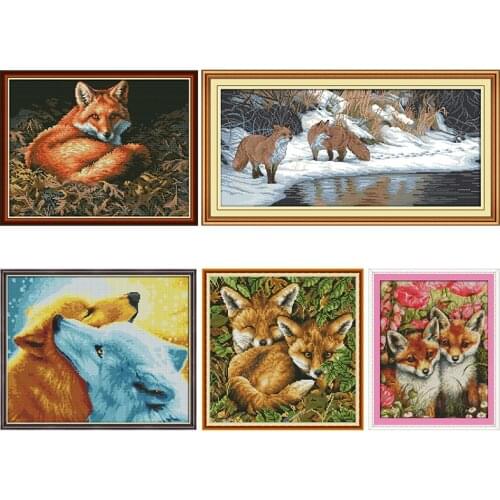 Embroidery Cross Stitch Kit Stamped DMC Two Little Foxes 11CT 14CT Print Thread Canvas Craft Decor Counted Fabric Needlework Set