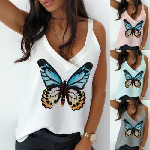 Women Summer Butterfly Printed Sleeveless Tops Ladies Casual V Collar Loose Vest Plus Size Vest