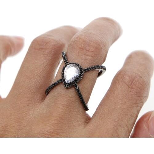 Long criss cross stunning women full finger ring jewelry black gold filled Cross X tear drop cz ring