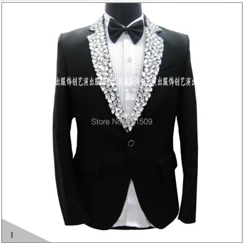 100% real photos! mens hand sewing rhinestone beading collar tuxedo jacket stage performance rhinestone jacket