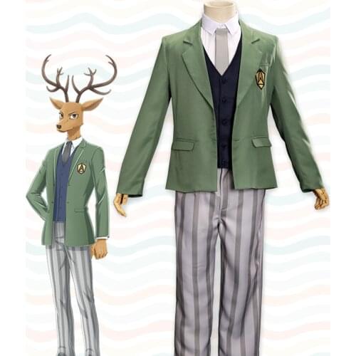 5 PCS Anime Beastars Louis Cosplay Costume Legoshi Cherryton Academy Men Uniform Set Green Suit Shirt Vest Coat Belt Pants Tie
