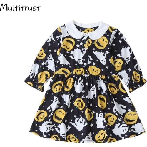Children Halloween Dress Pumpkin Ghost Printing Lapel Long-Sleeves Skirt with Elastic Waist for little Girl 1-6 Years