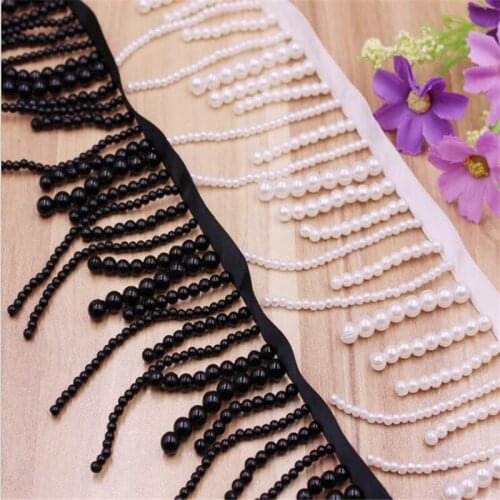 Long pearl fringe beaded lace trim garment dress tassel lace decoration shoes ornaments white black hanging bead curtain