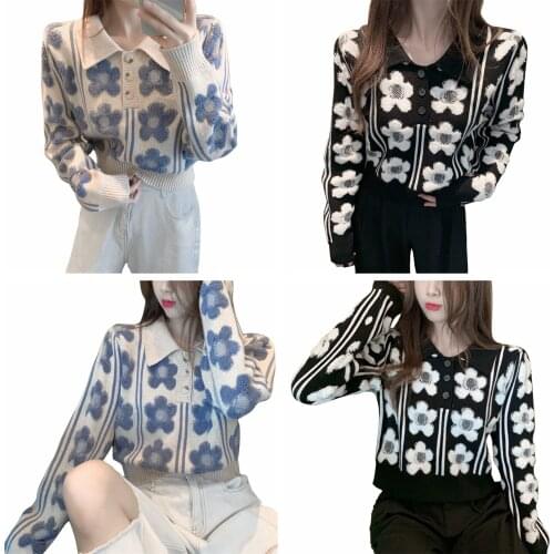 Breathable Girls Long Sleeve Knitwear Autumn Winter Ladies Floral Pattern Lapel Loose Knitted Tops Casual Sweater