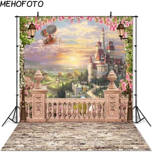 MEHOFOTO Castle Landscape Photography Background Lanterns Floral Observation Deck Sunset Wedding Backdrop Photobooth Studio