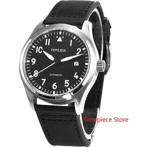 HOT 5ATM WR 42mm Black Pilot Watch MIYOTA Automatic Domed Sapphire Crystal Full Green Luminous Canvas Leather Strap Copper Dial