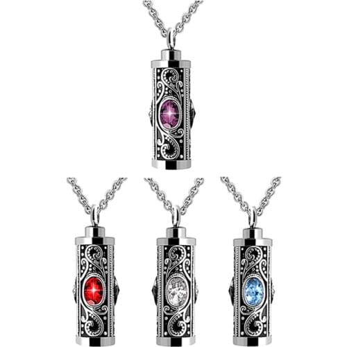 Crystal Stainless Steel Cylinder Cremation Urn Ashes Pendant Necklace Birthstone Memorial Jewelry For Human Dropshipping