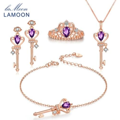 LAMOON Keys Crown 925 Sterling Silver Jewelry Sets Natural Amethyst S925 Fine Jewellery for Women Wedding Gift V010-1