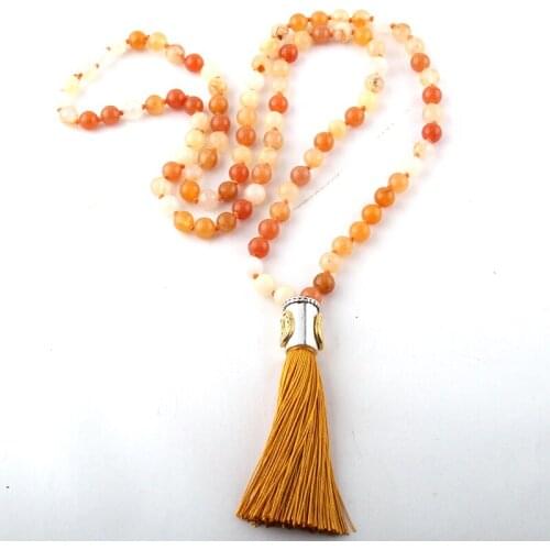Fashion Natural Stone Bead Knotted Multi Orange Metal Horseshoe Charm Long Tassel Necklace Free Shipping