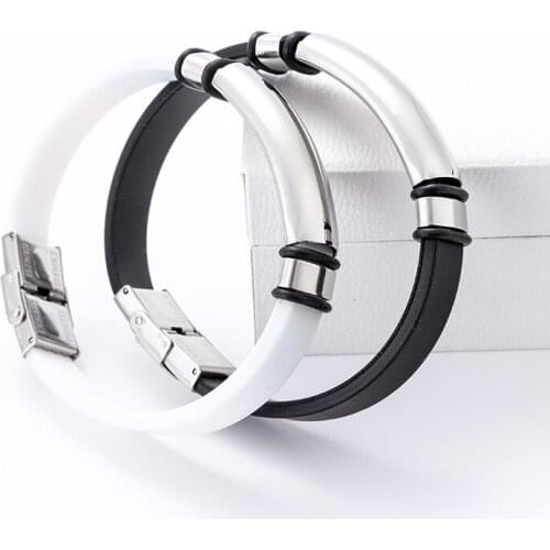 Stainless Steel Curved Tube ID Bar Men Bangle Black white silicone 10mm width Adjustable Bracelets Punk Boys Jewelry 10pcs