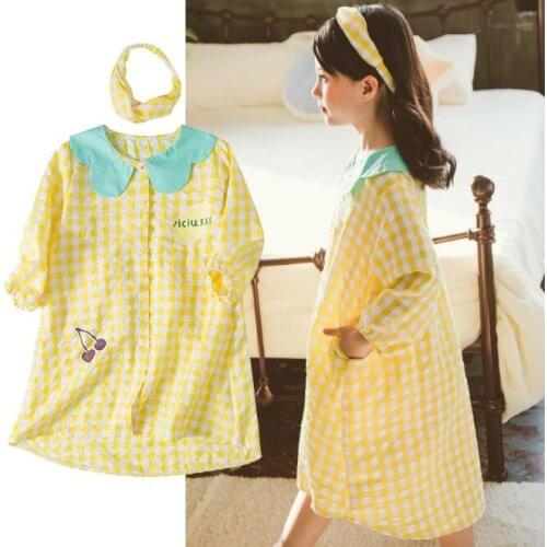 Girls Long Sleeve Nightgown Spring Autumn Yellow Plaid Sleepwear Dresses Kids Cherry Embroidery Home Wear Sleepdress8 10 12 14