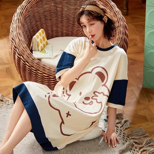 2021 Summer New Short-Sleeve Womens Sleepwear Cotton Night gowns Cartoon Nightgowns Homewear Girls Sleep Lounge Sleeping Dress