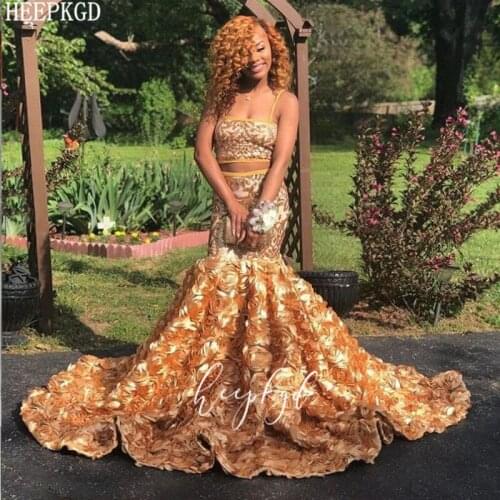Golden 2 Piece Prom Dresses Sparkly Sequins 3D Flowers Mermaid Sexy Black Girls Graduation Dress Plus Size Special Occasion Gown