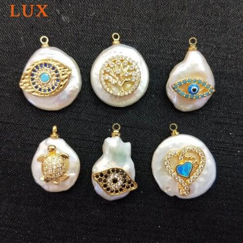 Natural White Pearl Charm micro Pave CZ evil eys heart turtle life of tree Pearls Pendants Gems stone Boho Jewelry DIY Making