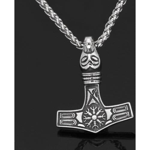 Stainless steel thor hammer Mjolnir Vegvisir wolf head pendant necklace