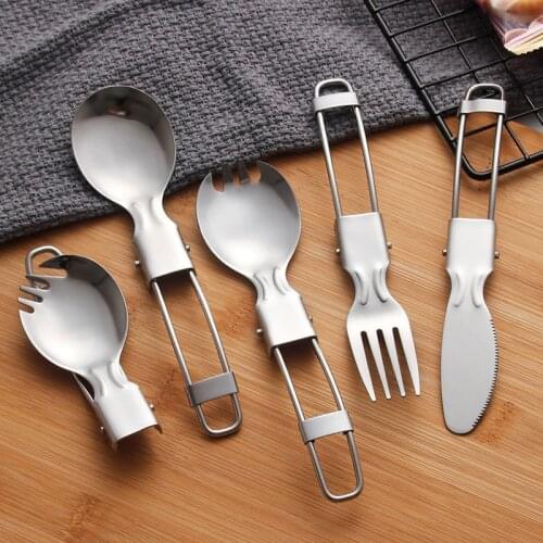 Portable Folding Spoon Salad Spoon Fork Half Folding Spoon Outdoor Camping Travel Picnic Foldable 304 Stainless Steel Tableware