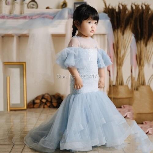 Blue Tulle Mermaid Flower Girl Dress With Handmade Custom Made Flower Girls Pageant Gown New Arrivals