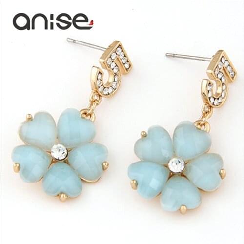 Anise Hot Sale Rhinestone Numeral 5 Flowers Stud Earrings Fashion Sweet Acrylic Crystal Five Leaves Flower Long Section Earrings