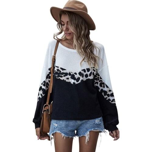Autumn woman sweaters color patchwork Leopard O-Neck long sleeve casual Loose knitting pullover tops ladies oversized sweater