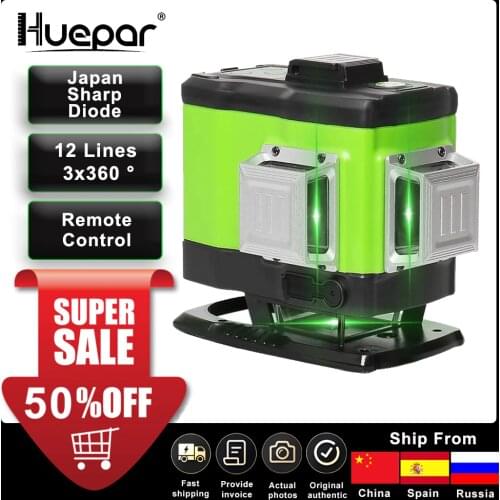 Huepar 3D Self-leveling Laser Level Green Beam Cross Line Alignment and Tiling Floor with Remote Control & Hard Carry Case