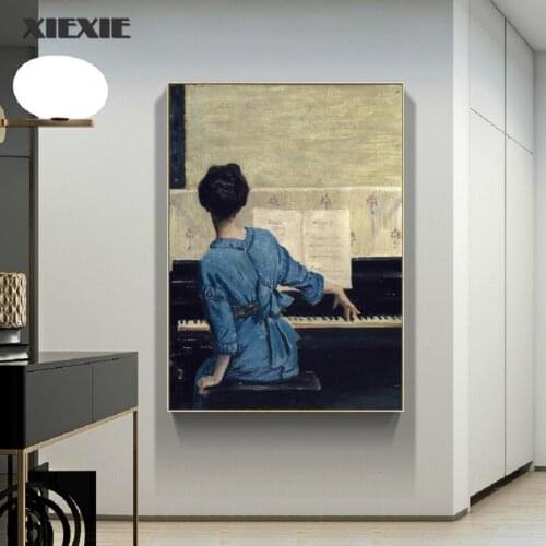 Vintage Play Piano Girls Poster Figure Canvas Painting Abstract Retro Wall Art Pictures for Living Room Gallery Home Decor