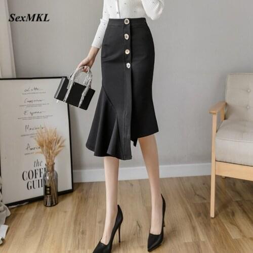 Plus Size Elastic Elegant Black Skirts Women 2021 Fashion Korean High Waist Long Office Skirt Sexy Button Office Party Skirt 5XL