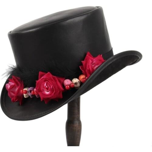 Women Leather Top Hat President Lday Fedora Hat Magic Flower Cosplay Pork Pie Party Cap 3 size