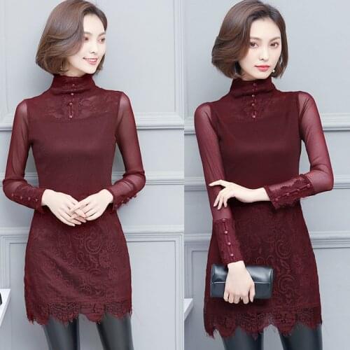 Winter Falll Women Slim Stretch Wine Red Long Sleeve Lace Patchwork Tee Shirt , Tops , Woman Warm Thick Turtleneck Tshirts