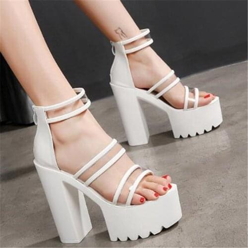 Women Sandals 15CM Thick High Heels Platform Gladiator 2020 New Summer Fashion Waterproof Shoes PVC ZIP Party shoes for women