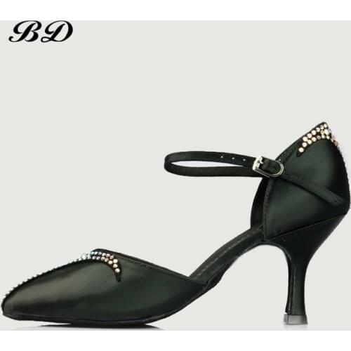 Top Dance Shoes Ballroom Women Latin Shoes BD 159-B Jazz Modern Foxtrot Tango Imported satin Diamond Buckle BLACK HEEL 7.5CM NEW