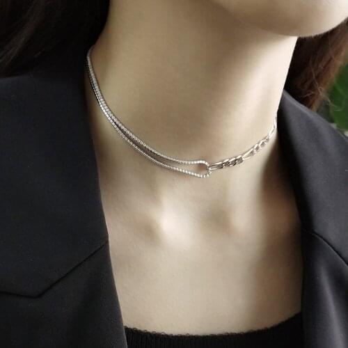 Korean 925 Sterling Silver Female Simple Asymmetrical Short Choker Figaro Cuban Chain Necklace CZ Zircon Collar Choker For Girl