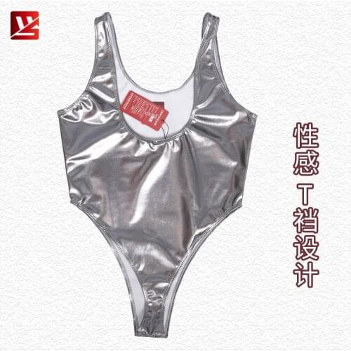Women Faux Latex PU Catsuit Sexy High Cut Bodysuit Cosplay Shiny Swimsuit Sukumizu Straitjacket Swimwear Fashion Little T Crotch