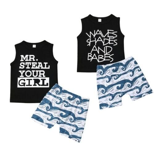 Cute Toddler Baby Boy Print Outfits Clothes Cotton Vest + Waves Shorts Pants 2PCS Kids Summer Clothing Sunsuit Set