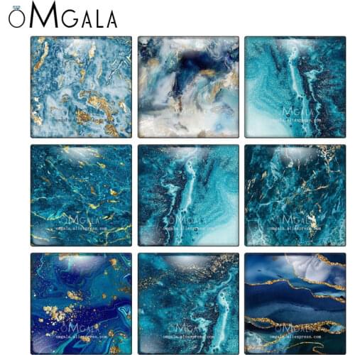 Watercolor glass cabochon Blue Green and yellow color marble patterns Square photo glass cabochon demo flat back Making findings